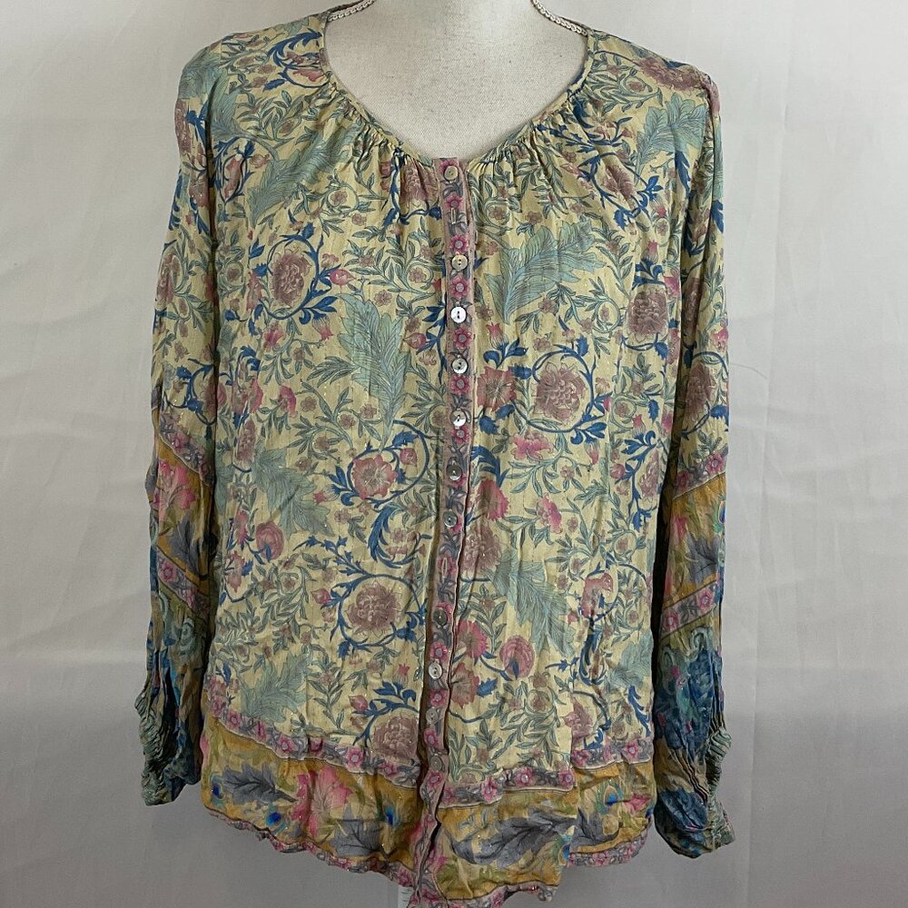 Spell Floral Boho Button-Front Blouse in Cream, Blue, Pink
